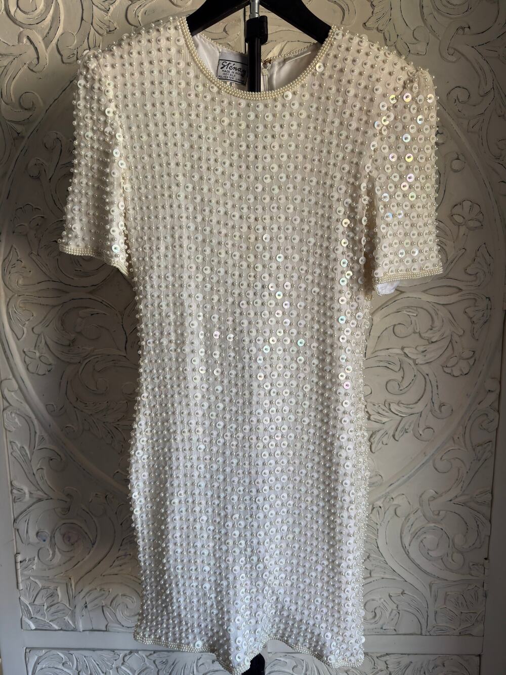 Vintage 80s Stenay Silk Pearl Sequin Beaded Ivory Mini Dress Sz 8 Bridal